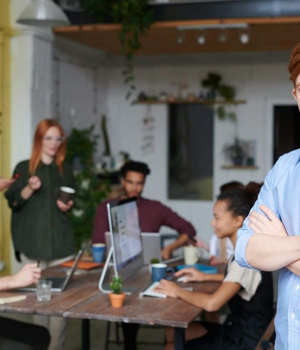 Collaborative technology workspace with innovative team members